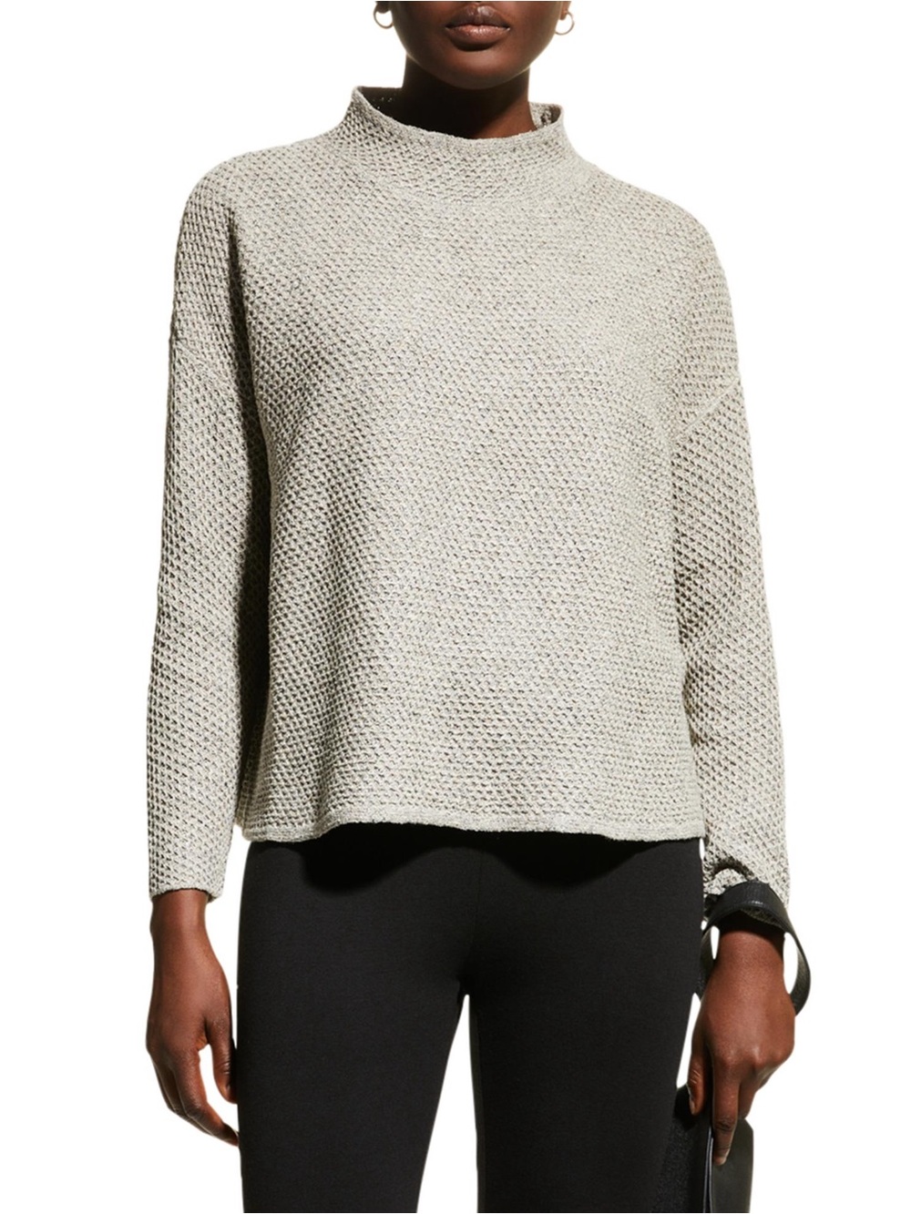Eileen Fisher Funnel Neck Textured Boxy Cropped Sweater Gray Large